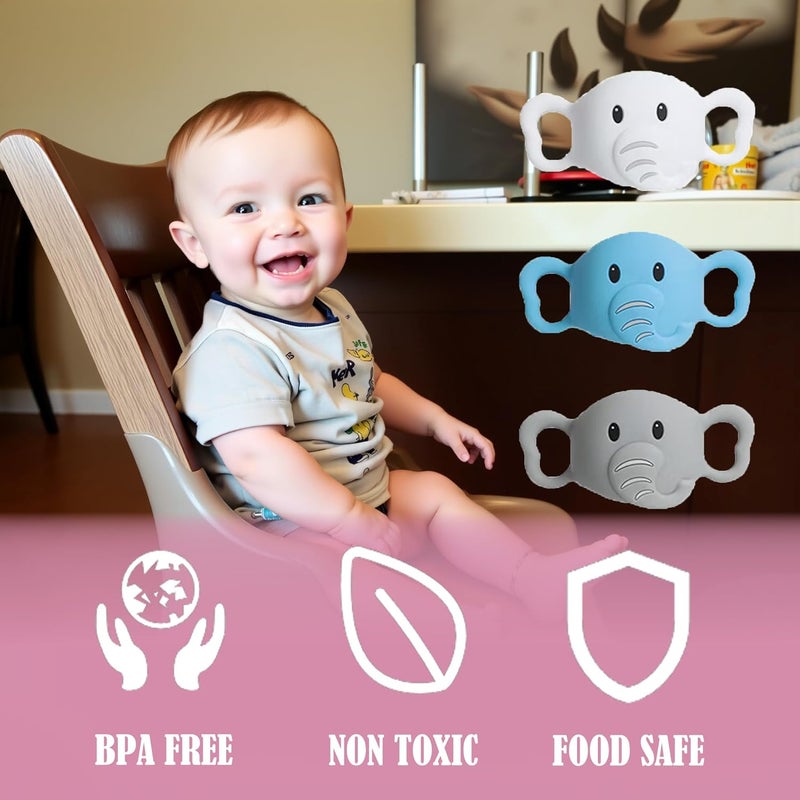 Amitofo 3 Pack Silicone Baby Bottle Handles for Dr. Brown’s Narrow & Wide Baby Bottles Hoder, Elephant Design, Easy Grip Self-Feeding Universal Bottle Handle, BPA-Free, 100% Silicone, White, Gray, Blue - Image 2